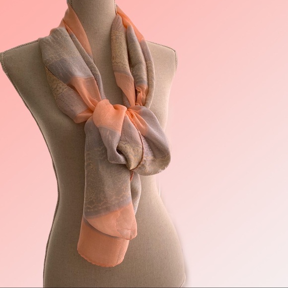 Pink Peach Sheer Silver Stripe Silk Scarf Wrap Shawl Silk Blend - Picture 3 of 6